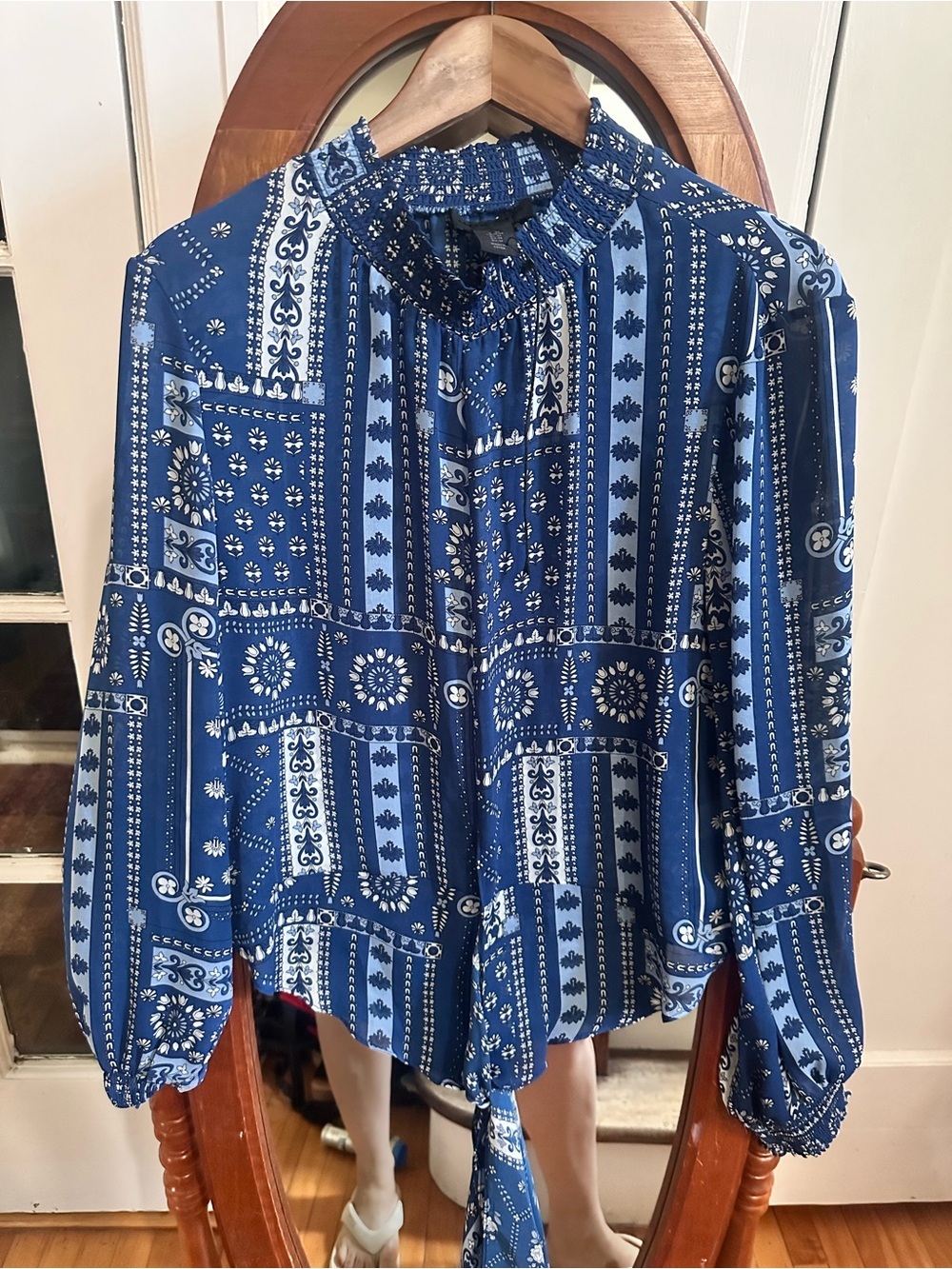 Maison Cinqcent Blue Paisley Boho Blouse | Bow Tie Waist | Size M